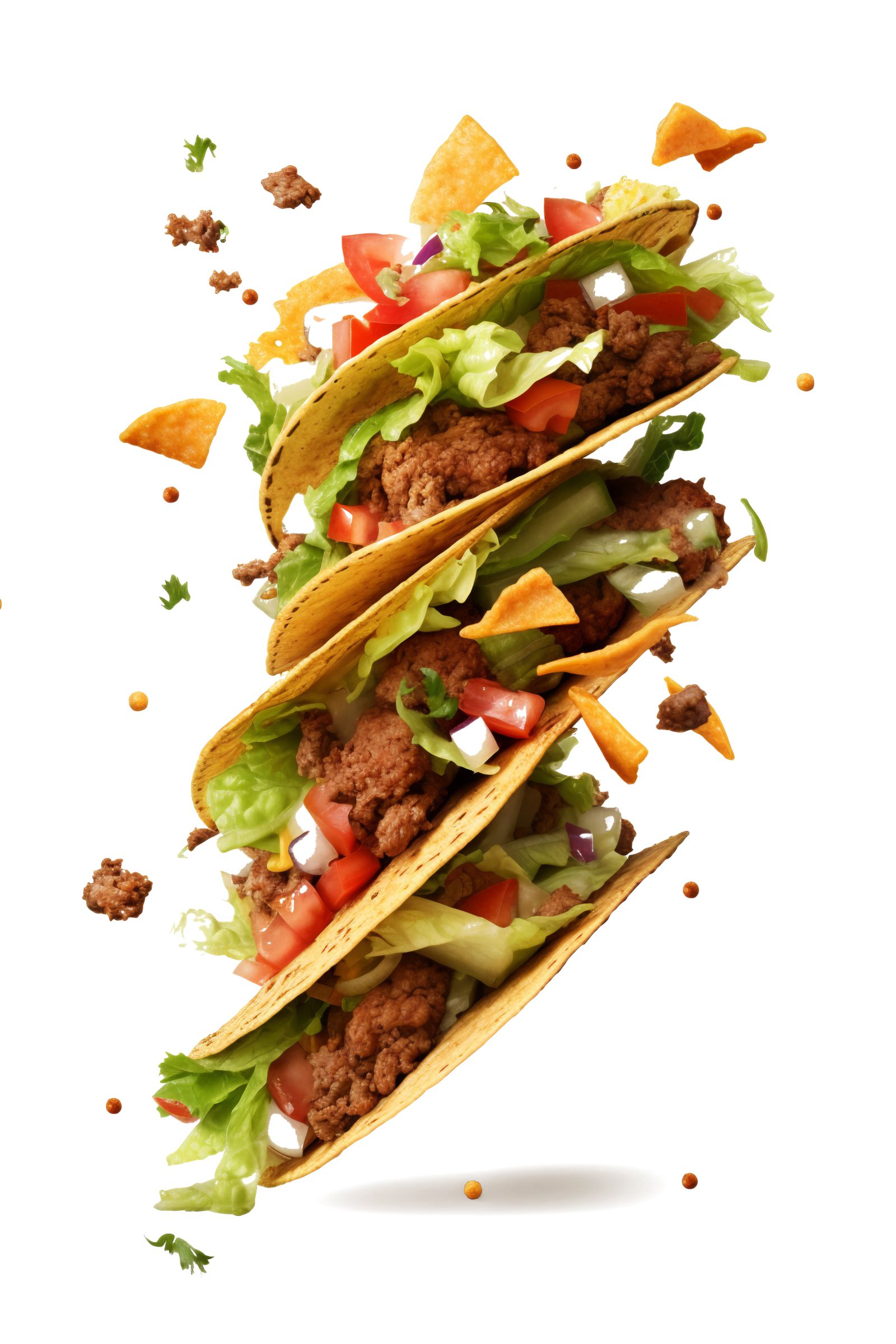 Floating tacos with fresh lettuce tomato and tortilla chips on transparent background