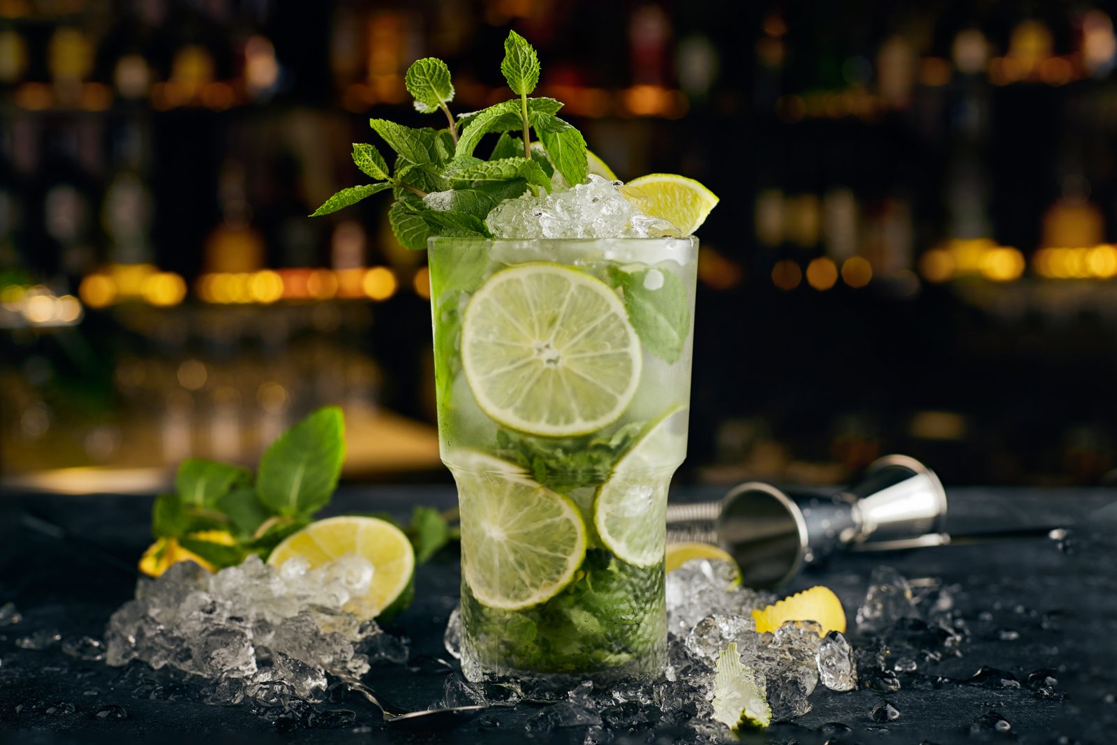Chilled lime and mint mojito-style beverage over ice