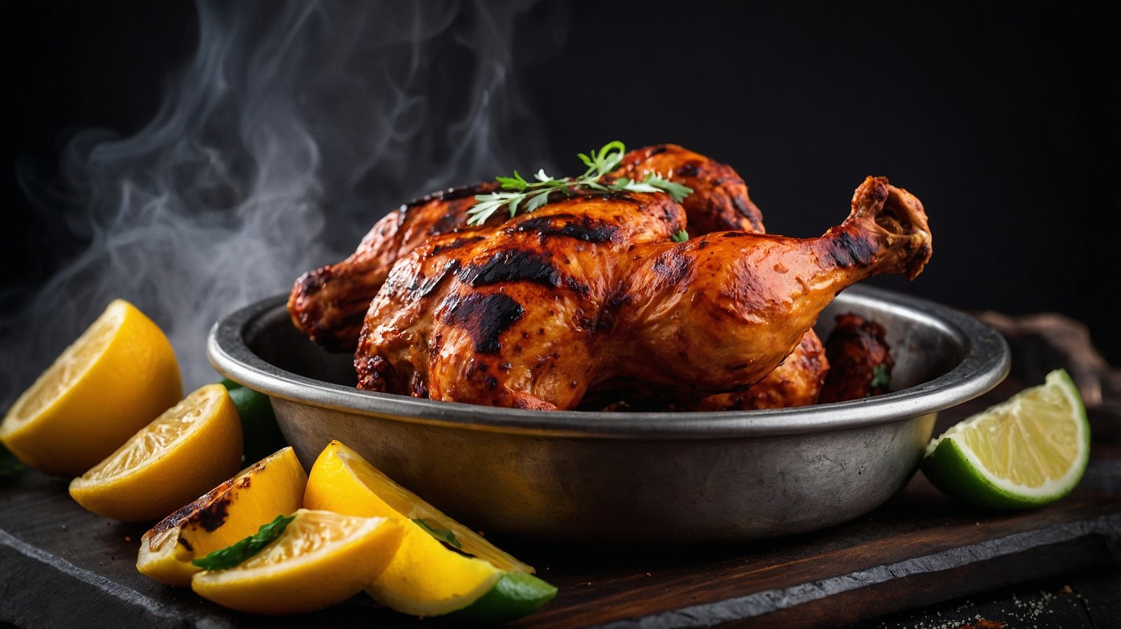 Smoky grilled tandoori chicken with lemon and lime