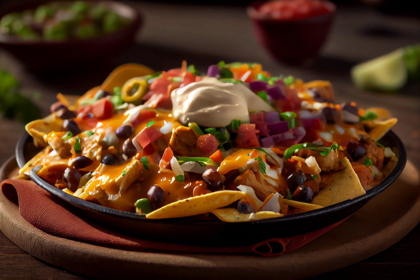 Loaded nachos with cheese, beans, salsa and sour cream