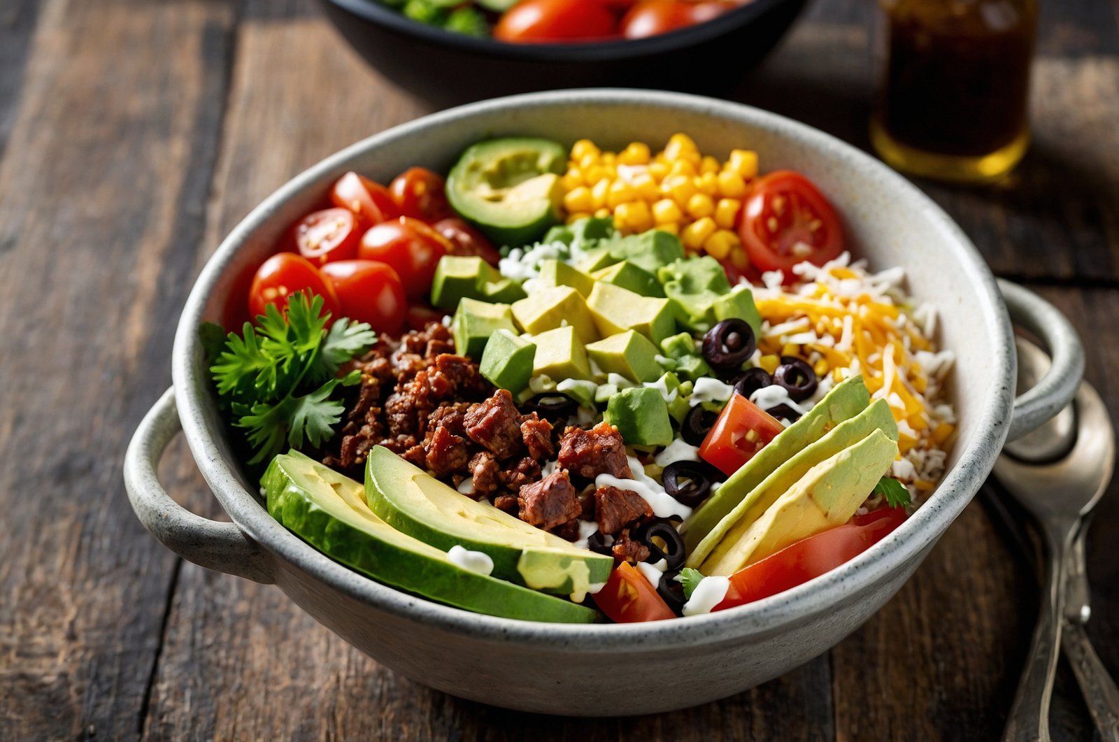 Power bowl with avocado, corn, beans, tomato and rice