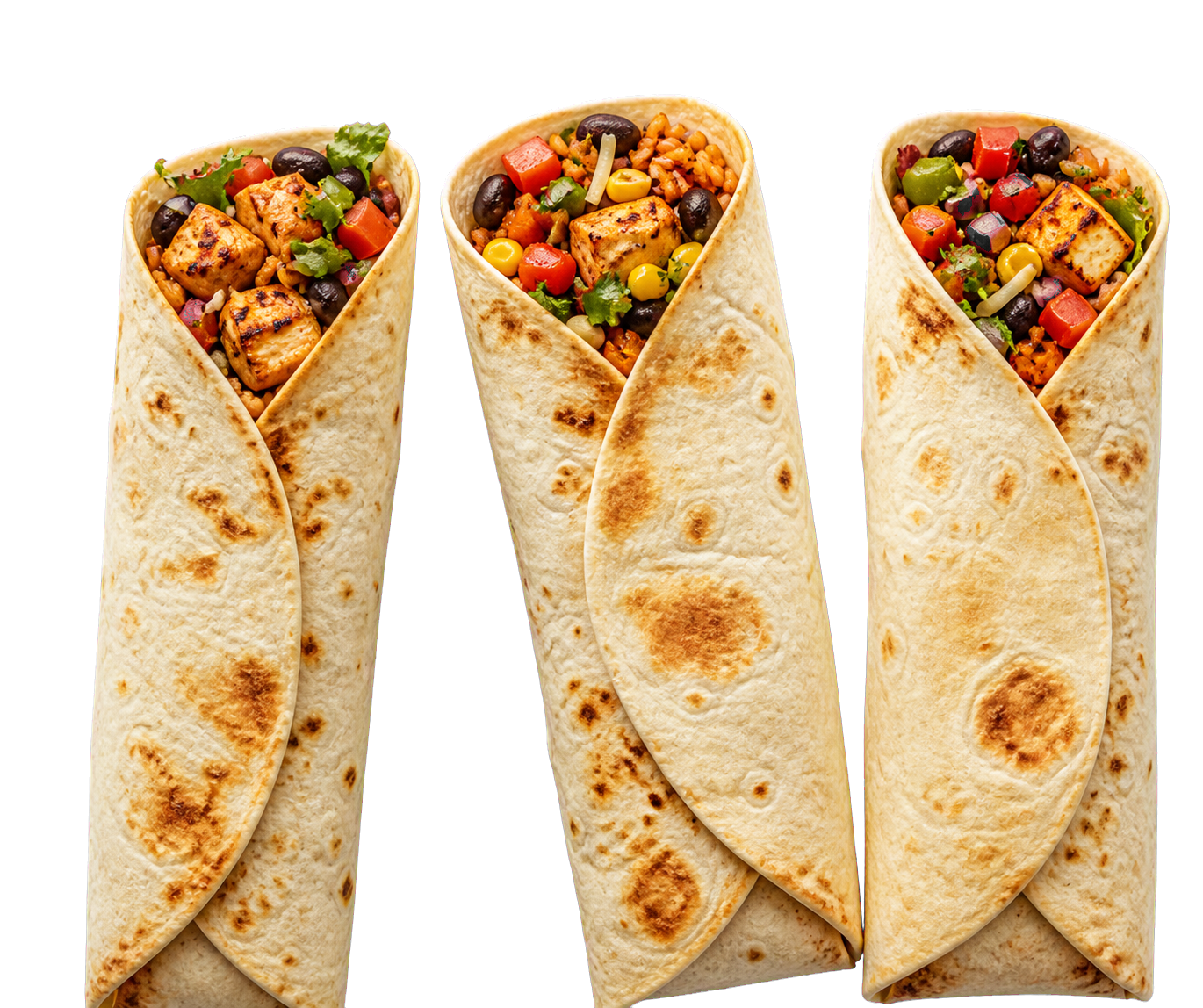 Three freshly filled Salsa Street burritos