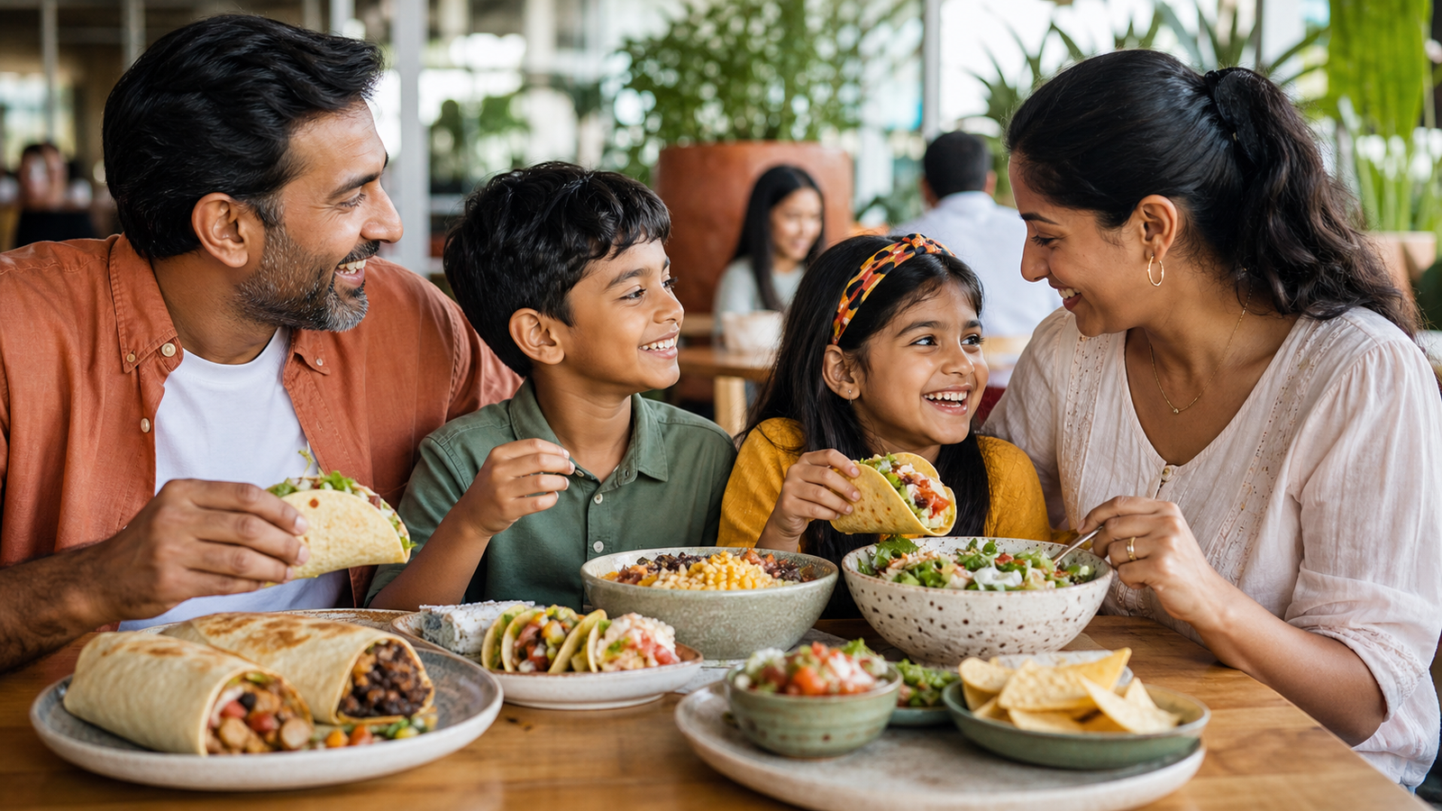 Indian family sharing a fresh Mexican-inspired meal