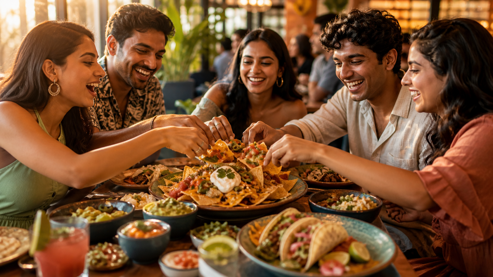 Friends sharing tacos and nachos together