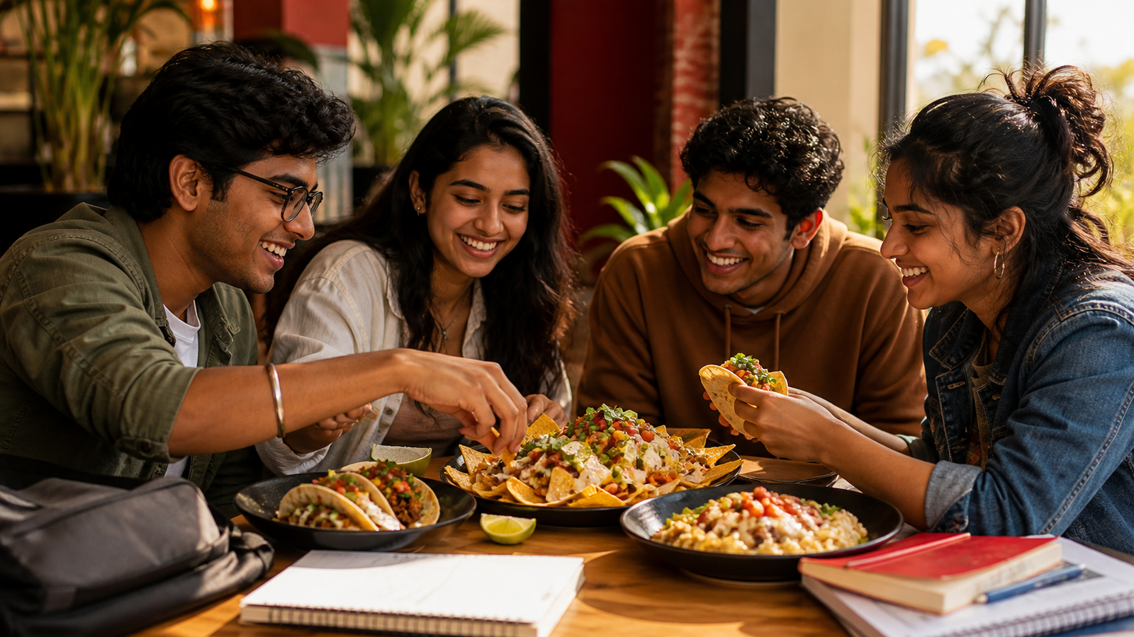 Indian college students sharing tacos and nachos